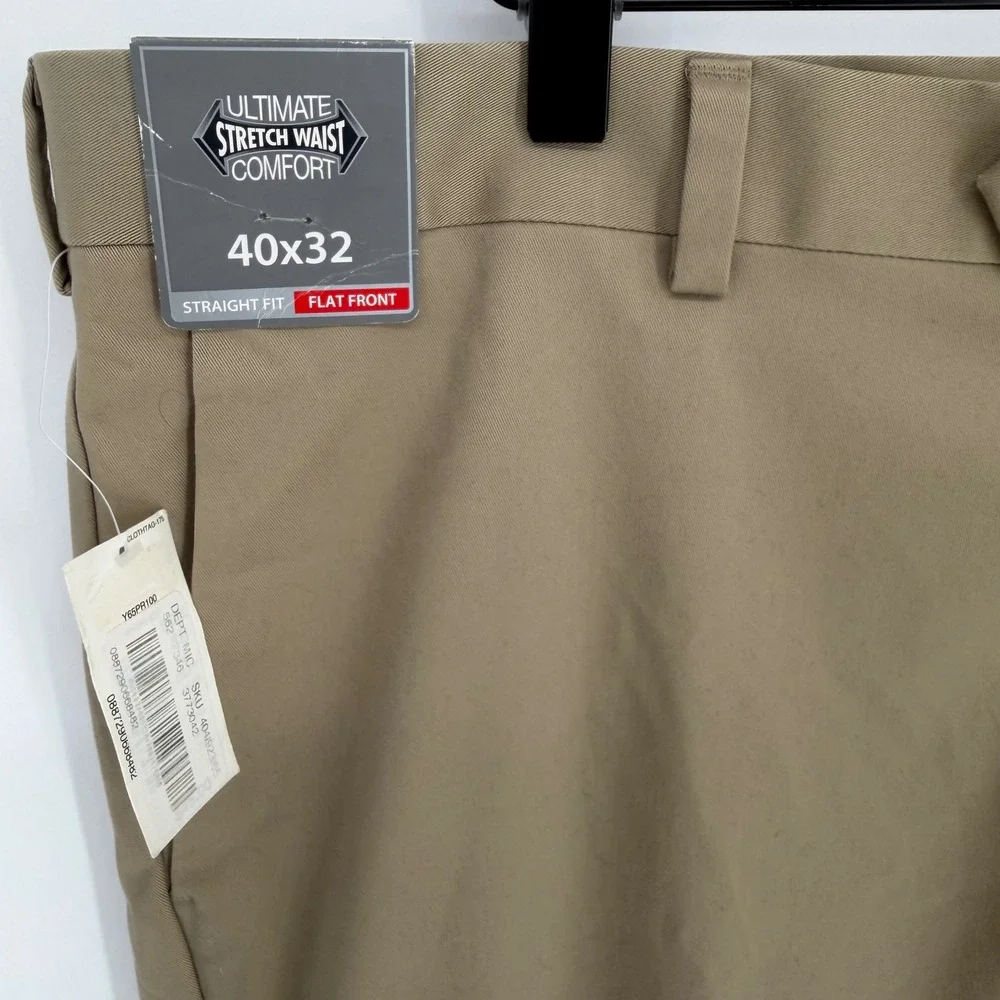 Roundtree & Yorke TravelSmart Mens 40x32 Khaki Straight Fit Flat Front Pants NEW